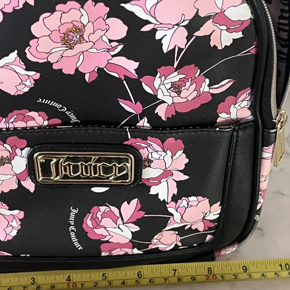 Juicy Couture Floral Mini Backpack Black Pink‎ Peony Gold Logo Faux Leather Bag